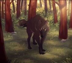 a black wolf walking through a forest filled with trees