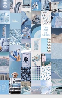 a collage of blue and white images