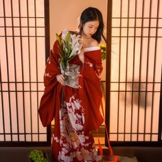 Color: Red, Size: One Size Yellow Kimono, Kimono Traditional, Kimono Outfits, Red Kimono, Traditional Japanese Kimono, Casual Kimono, Kimono Design, Japanese Dress, Japanese Aesthetic