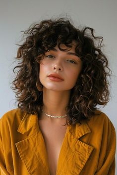 Short Curly Hair With Bangs Wedding, Curly Shag Side Part, French Style Curly Hair, Curly Hair Above Shoulders, French Haircut Curly, Curly Haircut For Square Face, Curly Hair Butterfly Haircut, Straight Fringe Curly Hair, Curly Shag Round Face