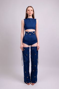 Elevate your style with the trendy Lolita Denim Top from Maui X Lolita. Classic denim fabric with a modern twist for versatile, edgy looks. Luxury Embellished Blue Sets, Luxury Blue Embellished Sets, Blue 2 Piece Outfit, Denim Leg Warmers, Diverse Fashion, Urban Sophistication, Stage Outfit, Punk Inspiration, All Jeans