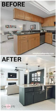 before and after pictures of a kitchen remodel with wood cabinets, white tile flooring and stainless steel appliances