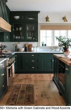 a kitchen with green cabinets and wood accents on the counter tops, along with an area rug