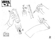 the drawing shows how to draw an object with pencils and ink, while another hand holds