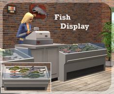 a fish display with a woman standing in front of an aquarium and looking at the fish