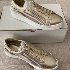 New In Box. Gold Low-top Platform Sneakers, Gold High-top Sneakers With Perforated Toe Box, Casual Gold Low-top Platform Sneakers, Gold Lace-up Sneakers With Textured Sole, Sporty Gold Platform Sneakers With Round Toe, Gold Sneakers With Perforations, Gold Low-top Sneakers With Perforations, Gold Sneakers, Steve Madden Shoes