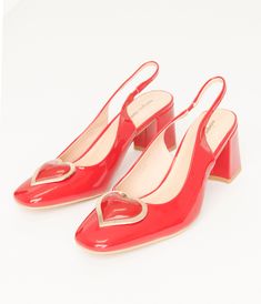 These sweet slingback heels from Unique Vintage are crafted in a red patent leatherette and feature a red and gold heart accent on the vamp. Complete with a 3 inch block heel. . Available while supplies last. | Unique Vintage Red Heart Leatherette Slingback Heels | Size 6 Fall Wardrobe Essentials, Slingback Heels, Cozy Gift, Mens Uggs, Baby Boy Shoes, Slingback Heel, Vintage Heart, Boy Shoes, Gold Heart