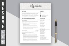 a professional resume template with an elegant pattern on the front and side, along with a pen