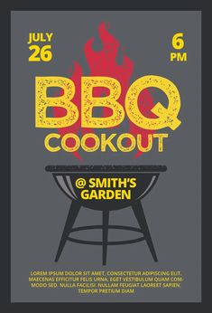 the bbq cookout flyer for smith's garden is shown in yellow and grey