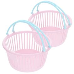 two pink and blue plastic baskets sitting next to each other