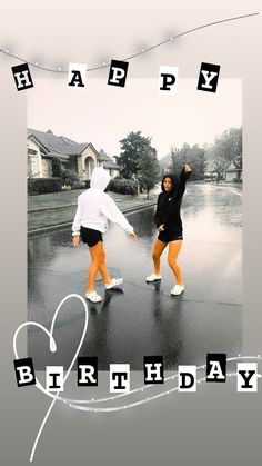 two people are dancing in the rain with happy birthday written above them on a card