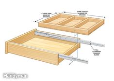 two wooden drawers are labeled with measurements for each drawer and the bottom section is open