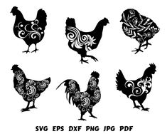 the silhouettes of roosters are drawn in different styles and colors, including black on white