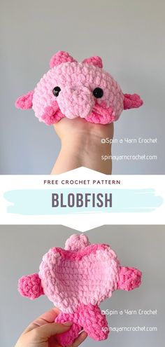 a crocheted pink fish is being held up by someone's hand