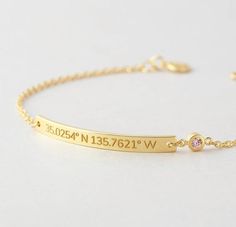 ♥ COORDINATES BRACELET WITH BIRTHSTONE ♥• Material: Solid 925 Sterling Silver • Finishing: Silver - Gold - Rose Gold • Dimensions: Engraving part is ~1/8" wide• Word limits: 2-3 words per side• By default, silver items comes with BLACK engraving and gold-plated item comes with CLEAR engraving• Sizing are as follow:XS: bracelet's circumference is 6"S: bracelet's circumference is 6.5"M:  bracelet's circumference is 7"L:  bracelet's circumference is 7.5"XL: bracelet's circumference is 8"H O W • T O Customizable Gold Bracelets For Best Friend Gift, Adjustable Gold Name Bracelet For Best Friend, Customized Gold Bracelets For Best Friend Gift, Customizable Gold Name Bracelet For Best Friend, Customizable Gold Jewelry For Best Friend Gift, Personalized Gold Name Bracelet For Best Friend, Gold Jewelry For Best Friend Gift, Gold Jewelry For Best Friend's Gift, Gold Engraved Bracelet For Best Friend