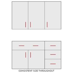 the measurements for cabinets and drawers are shown in two different sizes, with red lines on each