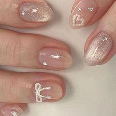 Saranghae Nails, Korean Nails Charms, Nail Art Korean Style Trends, Nail Korean Style Cute, Nail Cute Korean, Korean Nail Ideas, Korean Almond Nails, Nail Ideas Korean, Nail Gel Ideas