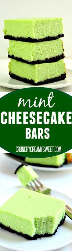 green cheesecake bars stacked on top of each other with the words mine cheesecake bars