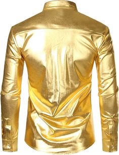 Men's Metallic Gold Long Sleeve Button Down Shirts Imported 98%Polyester&2%Spandex Button closure Machine Wash Men's Suit SIZE NECK CHEST WAIST SLEEVE S 14-14½″ 34-36″ 28-30″ 32-33″ M 15-15½″ 38-40″ 32-34″ 33-34″ L 16-16½″ 42-44″ 36-38″ 34-35″ XL 17-17½″ 46-48″ 40-42″ 35-36″ 2XL 18-18½″ 50-52″ 44-46″ 36-37″ 3XL 19-19½″ 54-56″ 48-50″ 37-38″ 4XL 20½-21″ 58-60″ 53-55″ 38″ 5XL 22-22½″ 62-64″ 58-60″ 38½″ Fitted Gold Top With Button Closure, Gold Slim Fit Long Sleeve Shirt, Gold Long Sleeve Tops With Buttons, Classic Gold Shirt For Party, Fitted Gold Shirt With Button Closure, Formal Gold Button-up Shirt, Gold Shirt With Buttons For Fall, Gold Button-up Shirt For Formal Occasions, Gold Long Sleeve Shirt With Buttons