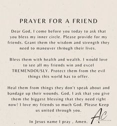 a prayer for a friend written in black ink