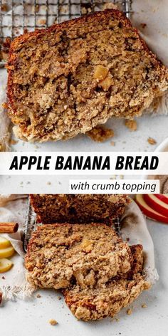 two pictures of apple banana bread with crumb toppings on the top and bottom