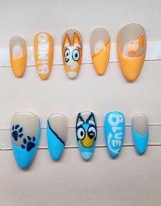 Bluey & Bingo nails Bingo Nails, Cartoon Nail Designs, Rounded Acrylic Nails, Bluey And Bingo, Bluey Bingo, Medium Almond, Alcohol Wipes, Acrylic Press On Nails