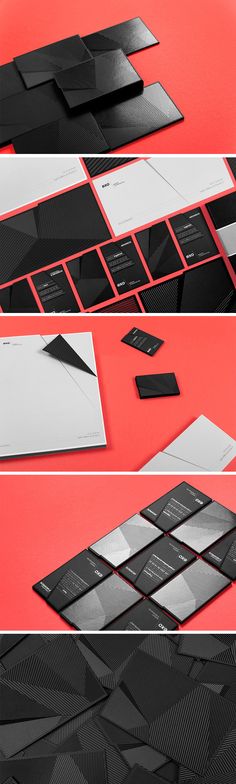 black and white business card mockups on a red background, with different angles to the same design