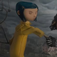 an animated image of two people standing next to each other in front of a cloudy sky