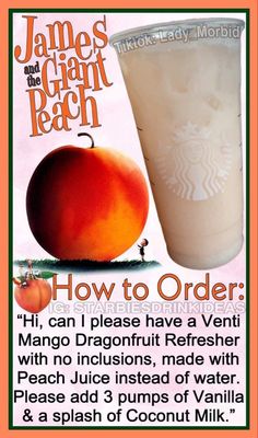 an advertisement for a smoothie drink with a peach in it