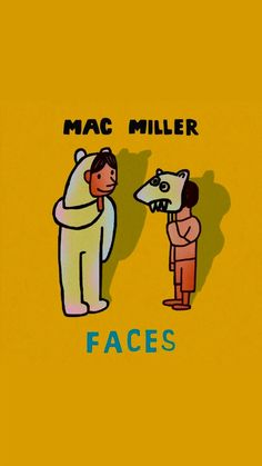 a man standing next to a white bear on top of a yellow background with the words mac miller faces