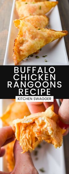 buffalo chicken rangoon's recipe on a white plate with text overlay that reads buffalo chicken rangoon's recipe