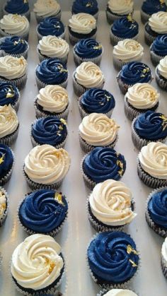 cupcakes with white and blue frosting are arranged in rows on a tray