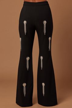 Available In Black. Embellished Pant Front Closure Embellished Fringe Detail Wide Leg Stretch Shell: 95% Polyester 5% Spandex. Imported | Ramona Embellished Pant in Black size Small by Fashion Nova Leg Stretching, Black Xs, Black Pants, Fashion Nova, Black Fashion, Wide Leg, Size Medium, Spandex, Size Small