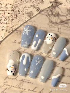 Snowman Nails, Fake Nails Designs, Soft Nails, Blue Nail, Festival Nails, Xmas Nails, Christmas Nail Designs, Pretty Acrylic Nails