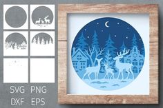 the silhouettes of deer and trees are in front of a wooden frame with paper cut outs