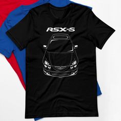 two t - shirts with the image of a car in black, red and blue