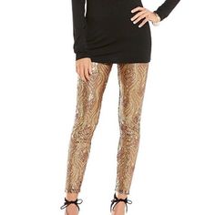 Nwt Gianni Bini “Savannah” Gold And Brown Patterned Sequin Leggings; Stretchy Material; Elastic Waistband; Lined; Approx. Measurements (Laying Flat) 12.5” Waist And 29” Inseam; Size Xs Glamorous Gold Stretch Bottoms, Luxury Gold Sequin Pants, Gold Sequin Leggings, High-waisted Sequin Stretch Pants, Metallic Stretch Full-length Leggings, Sequin Leggings, Gianni Bini, Gold Sequins, Gold Sequin