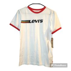 Brand New Boy's Size Large Levi's T-Shirt With Tags Levi's White Short Sleeve Shirt, Levi's White Cotton Top, White Cotton Levi's Top, Casual White Levi's Top, Levi's Red Crew Neck Top, White Levi's T-shirt For Summer, Levi's White Graphic Print T-shirt, Levi's White Graphic Tee, Levi's White Cotton Shirt