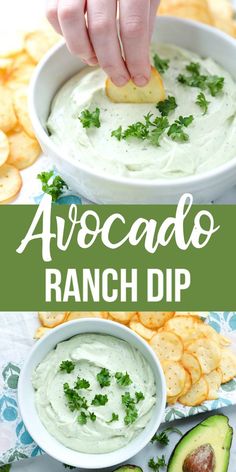 avocado ranch dip in a bowl with crackers and an avocado on the side