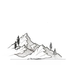 a black and white drawing of mountains with trees