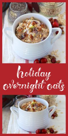 Holiday Overnight Oats Recipe are so simple to make and a delightful breakfast that we adore! Today’s Holiday Overnight Oats are packed with so many healthy ingredients like whole grain oats, chia seeds, dried cranberries, golden raisins, apples, oranges, pecans, and pistachios! || cookingwithruthie.com #holidayrecipe #holidaybrunch #breakfastrecipe Overnight Oats Gift Jar, Holiday Overnight Oats, Christmas Overnight Oats, Cranberry Overnight Oats, Simple Overnight Oats Recipe, Christmas Oatmeal, Oats Bar, Apples And Oranges