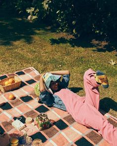 a woman laying on top of a checkered blanket next to an apple basket and fruit bowl