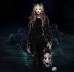 a woman with long hair standing in front of a group of skulls wearing masks on her face