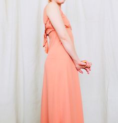 "Mod 70's Salmon Maxi Dress. Hand made, modeled on a size Small. Neck Clasp and ruffled tie for closure. 34\"Bust" Corduroy Overall Dress, Vintage Tank Top, Vintage Tank, Wool Pencil Skirt, Overall Dress, Vintage Cotton, Vintage Wool, Dress Clothes For Women, A Line Skirts