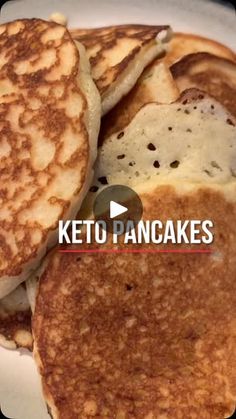 pancakes stacked on top of each other with the words keto pancakes in front of them