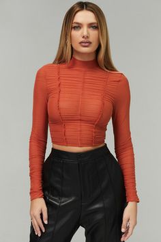 'Lustre' Burnt Orange High Neck Gathered Top - Mistress Rock Orange Fashion Outfits, Burnt Orange Fashion, Gathered Top, Bandage Dress Bodycon, Leather Jeans, Puff Sleeve Dresses, House Of Cb