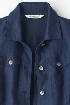 Classic jean jacket styling, updated in lightweight, washable linen. Faux-horn buttons at the front placket, chest pockets and cuffs. | Women's Journeys Lightweight Washable Linen Jacket - Navy - Large Linen Jackets Women, Travel Jacket, Knit Denim, Jackets Women, Classic Denim Jacket, Linen Jackets, Linen Jacket, Classic Jeans, Abayas Fashion