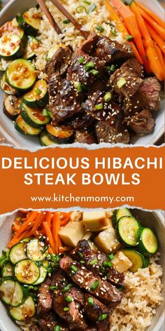 two plates filled with meat, vegetables and rice next to the words delicious hibash steak bowls