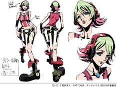 an anime character with green hair and headphones in various poses, from top to bottom