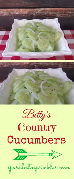 two plates filled with cucumbers on top of a checkered table cloth and the words belly's country cucumbers above them